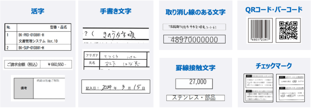 FAX文書、活字、手書き文字など多様な記載に対応しています。